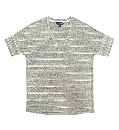 Calvin Klein Jeans Women's V-Neck Stripe Short Sleeve Tee Knitted T-Shirt (Light Grey, Small)