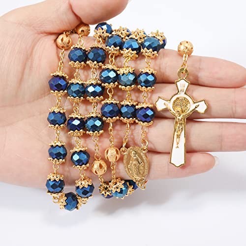 Nazareth Store St. Benedict Deep Blue Crystal Beads Rosary Prayer Necklace Golden Miraculous Medal & Gold Enamel Cross2