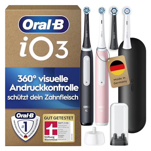 Oral-B iO Series 3 Elektrische Zahnbürste, Doppelpack mit 4 Aufsteckbürsten, Schwarz/Rosa - Electric Toothbrush, GUT GETESTET von STIFTUNG WARENTEST, Inkl. Reise-Etui, 3 Putzmodi für Zahnpflege