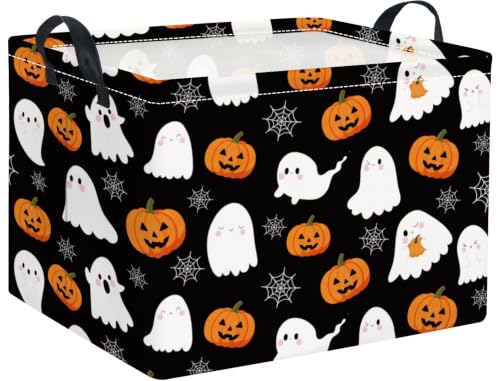 Image of Rectangular Halloween Basket for Boys and Girls Kids Trick or Treat Pumpkin Basket for Halloween Parties Cute Storage Bin Organizer Box Room Decor(Spider Web Ghost)