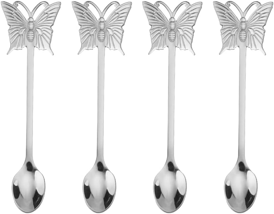 Hemoton Butterfly Spoon Set 4Pcs Stainless Steel Long Handle Dessert Spoons for Coffee Tea Stirring and Salad Serving at Home and Parties