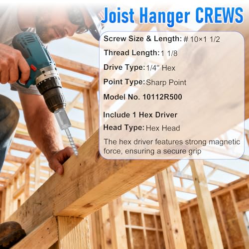 Image of Mech.Galv.#10 x 1-1 /2 inch Joist Hanger Screws-500 Qty, Joist Connector Screws | 10112R500 Hurricane Screws,1 /4 inch Hex Socket Wood Screw,0.370 inch-Dia Deck Screw,1500 Hours Salt Spray Test Connector Screws