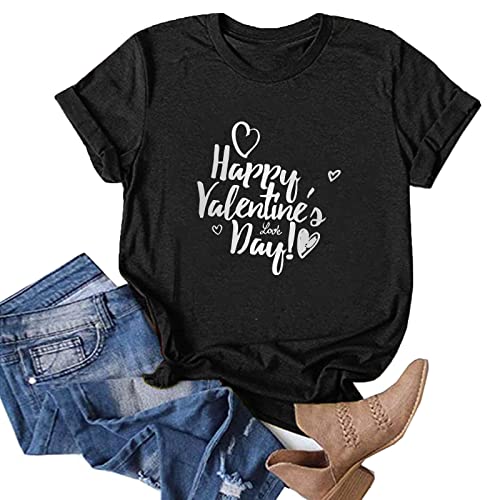 Women Happy Valentine s Day T Shirts Funny Heart Letter Printed Short Sleeves Top Tees Casual Basic Summer Blouse