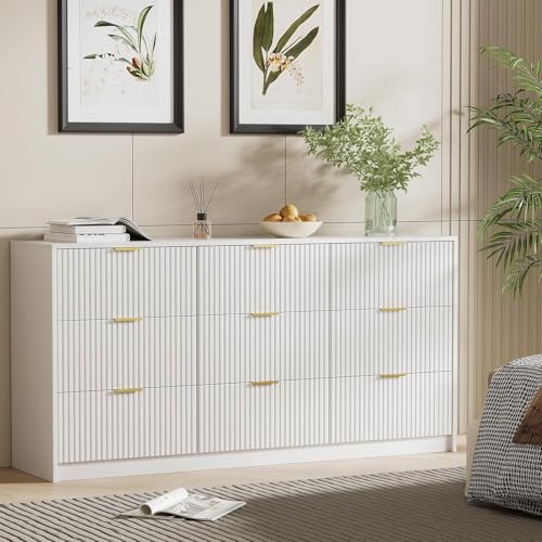 Image of Furniway 9 Drawer White Dresser for Bedroom, 63 inch Modern Fluted Dresser with Gold Handles and Smooth Slides, Wide Chest of Drawers for Closet, Living Room, Hallway