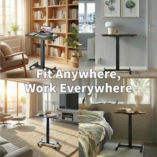 Image of HUANUO Small Rolling Laptop Standing Desk, Height Adjustable Mobile T-Base Desk with Lockable Casters, Portable Sit-Stand Workstation for Bedside & Sofa, Walnut