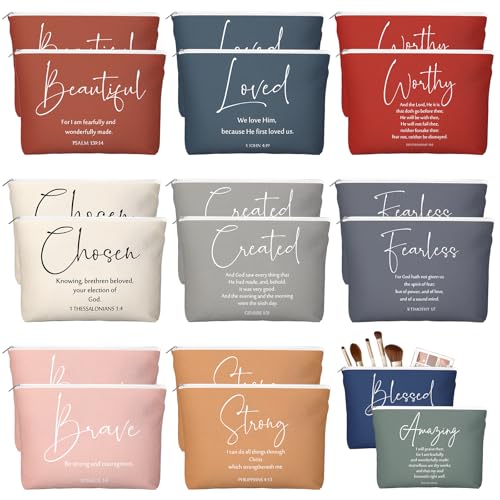 Huhumy 20 Pcs Christian Gifts for Women Men Religious Makeup Bag Canvas Inspirational Bible Verse Pencil Pouch with Zipper Church Cosmetic Bag for Dad Pastor Travel Toiletry(Bright,Bible Words)