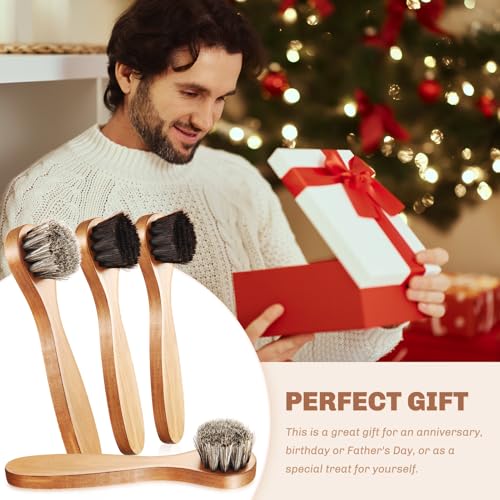 Image of 4 Pcs Horsehair Shine Shoes Brush Kit Polish Dauber Applicators Cleaning Leather Shoes Boots Care Brushes Suede Cleaner Brush with Microfiber Shoe Cloth(Wooden Handle B)