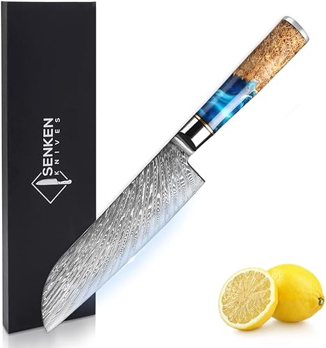 SENKEN - Cuchillo Santoku de acero Damasco, colección Tsunami, núcleo de acero japonés VG10 de 67 capas, resina azul única y mango de madera