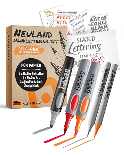 Neuland Handlettering-Set I 100 Seiten DIN A4 Schreibblock inkl. Handlettering Tipps & Flipchart Markern I 2x FineOne Art 2x No.One Art & 1x No.One 2-6mm Marker
