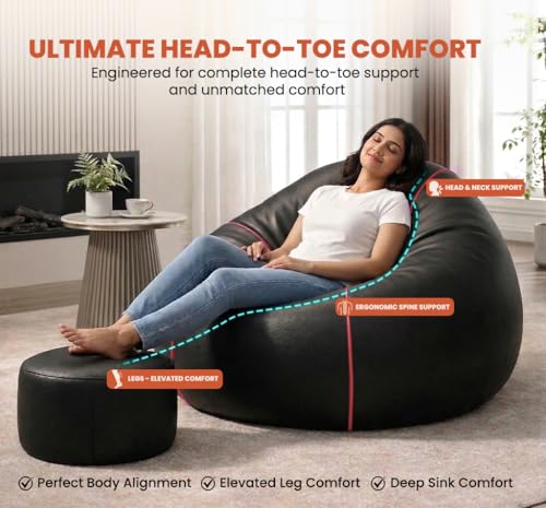 Image of Sattva Piping 3XL Sofa Style Bean Bag Chair with Beans Filled | Faux Leather Bin Bags Sofa Combo with Footstool & Cushion | Large Beanbags for Adults, Teens & Home - Black with Pink Piping