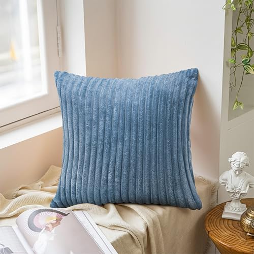 Image of Yellow Weaves Pencil-Stripe Fur Cushion Covers | Soft Polyester | Decorative Sofa & Throw Pillow Covers | 16x16 Inches, Pack of 3 (Blue & Sky Blue)