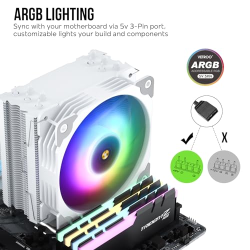Vetroo V5 White CPU Air Cooler w/ 5 Heat Pipes 120mm PWM Processor Cooler for Intel LGA 1700/1200/115X AMD Ryzen AM4 w/Addressable RGB Lighting Sync - Image 4