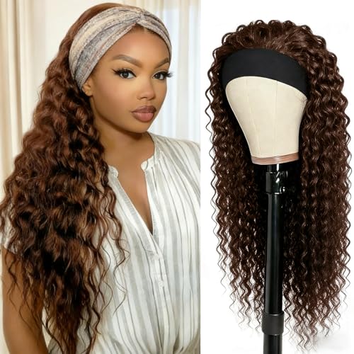 Image of XSY Headband Wig Human Hair Deep Wave Chocolate Brown #4 Brazilian Virgin Curly Headband Wig for Black Women 150% Density 26 Inch