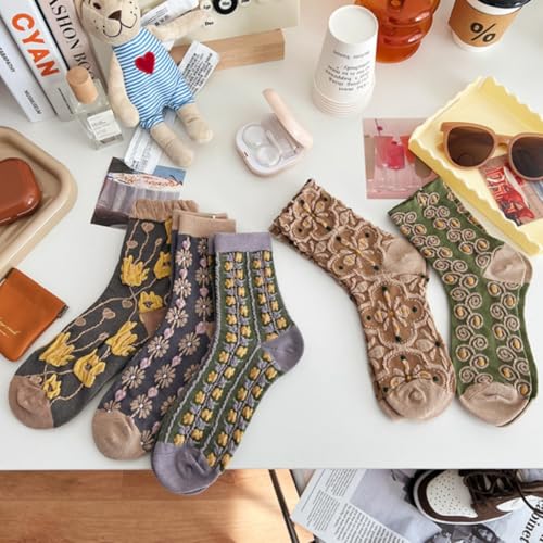 Image of 5 /10 Pairs Floral Vintage Patterned Crew Socks for Women Jacquard Knit Setfor Casual Wear Size 4-9