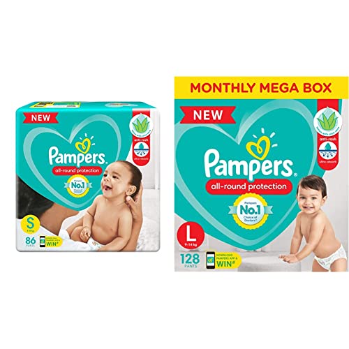 Image of Pampers Diaper Pants, Small, 86 Count & Pampers Baby Dry Pants Diapers Monthly Mega Box, Large, 128 Count