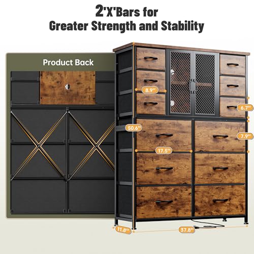 EnHomee Tall Dresser with 12 Drawers, Power Outlets, and LED Lights - Rustic Brown