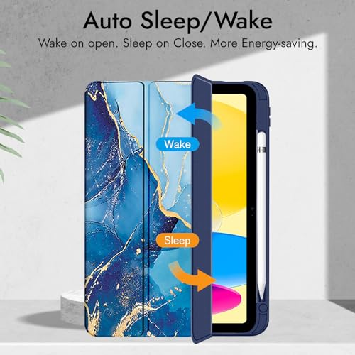 Image of Robustrion Cover for iPad 11th (A16) / 10th Generation Cover Case (2025 /2022) [Pencil Holder] (Right Side) [Auto Sleep Wake], Trifold Flip Stand Case for iPad 10th Gen / 11th Generation - Marble Blue