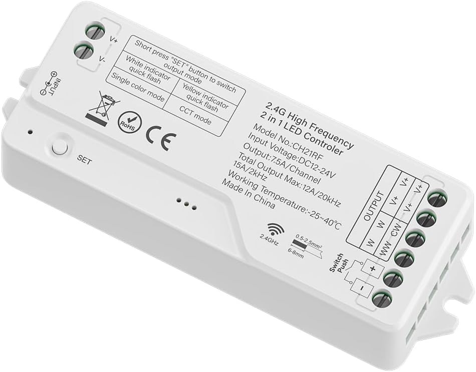 BTF-LIGHTING CH21RF 2.4GHz RF LED Controller 20kHz High Frequency PWM Silent No Humming Flicker-Free Dimmer for Single Color & CCT LED Strips with Tuya Gateway(GW01W) Smart Life App (No Remote)
