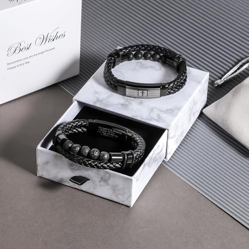 Christian Gifts for Men – Christian Bracelet with Bible Verse & Cross – Adjustable Stainless Steel Mens Bracelets with Volcanic Stones, Leather Band & Velvet Gift Box for Religious Gifts4