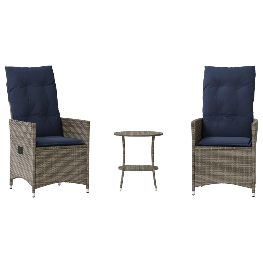 Set da Bistrot 3 pz in Rattan PE Grigio con Sedie Reclinabili | Arredo pieghevole e reclinabile con tavolino coordinato, ideale per momenti di relax in giardino, balcone e terrazzo.