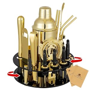 X-cosrack 19-Piece Bar Set, Gold Cocktail Shaker Set for Drink Mixing: Stainless Steel Bar Tools with Rotating Stand, Professional Bartender Kit for Home Bars, Parties
