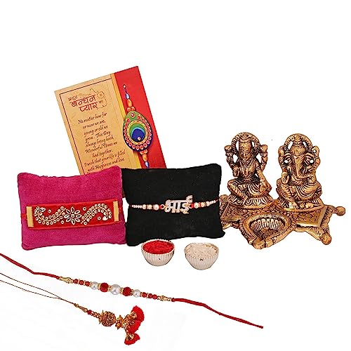 Image of CraftVatika Rakhi Gift Hamper for Brother and Bhabhi Kids with Gift Set, Metal Laxmi Ganesh Idol Showpiece Diya 4 Puja Rakshabandhan Combo Gift 4 Bhai Sister Fancy Rakhi with Gift Hamper (Laxmi Ganesh diya)