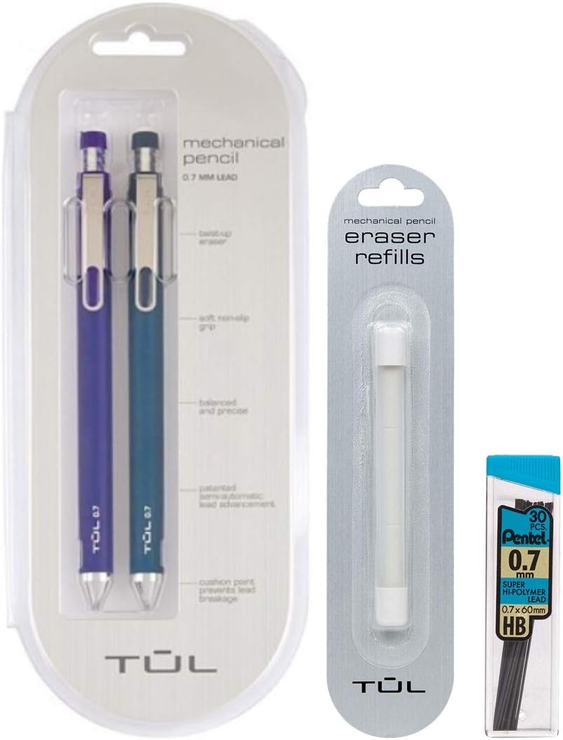 TUL 0.7mm Blue Mechanical Pencils, Eraser Refills & Lead Refills Bundle Office