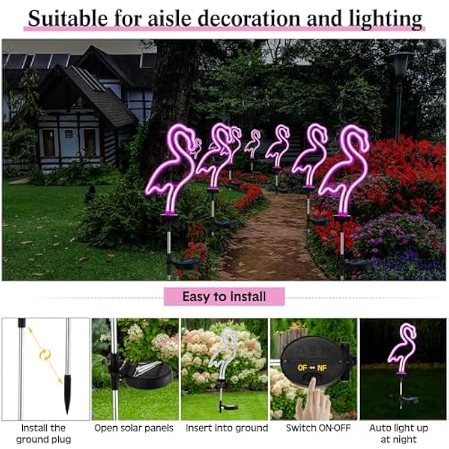 Retisee 6 Pcs Flamingo Solar Stake Lights Pink Flamingo Outdoor Lights Bulk Neon Lights Decoration LED Solar Powered Lighting for Lawn, Garden, Flower Bed, Yard, Pathway