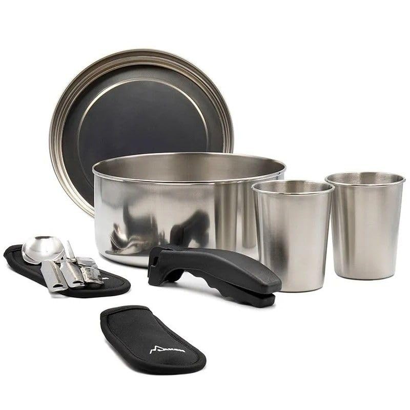 Batería acero inox. 20 cm. con funda, 2 cubiertos, 2 vasos acero y mango