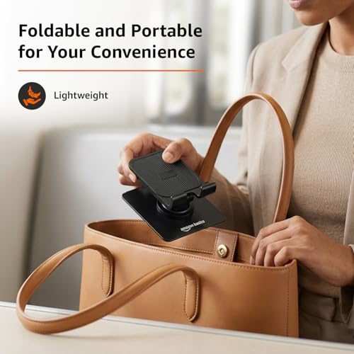 Image of amazon basics 360 Rotating Phone Stand for Desk, Foldable & Adjustable Height Mobile Holder, Anti-Slip Base, Compatible with All Smartphones (Black)