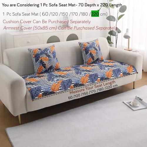 Image of HOKIPO 'LiefNest' Holland Velvet Sofa Cover Mat with Foam Filling for 1 /2 /3 Seater & L-Shape Sofa. Make Your Own Sofa Cover Set, Mat Size: 220(L) cm, Tropical Leaves Dusk Blue (IN-826-D5)