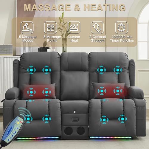 Image of URRED Power Loveseat Recliner Sofa with Massage and Heat, Wall Hugger Reclining Loveseat with Console, RV Couch Home Theater Seating with LED Lights for Living Room (Grey, 67 inch - 2 Seats)