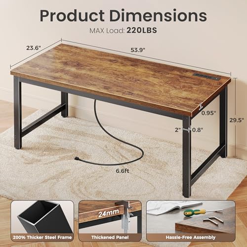 Huuger 55 x 24 inch Desk with Power Outlets & USB-C, Deeper & Thicker Desktop, Robust Metal Tubes, Computer Desk, Heavy Duty Office Desk, Work Gaming Desk for Home Office, Rustic Brown