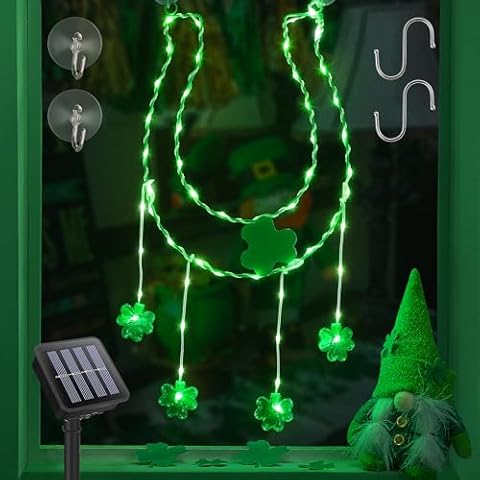 BEEWIN St Patricks Day Solar Lights Outdoor,12in 53 LED Lighted Horseshoe Shamrock St. Patrick's Day Decorations Window Lights,Hanging Green Light for Outside Indoor Tree Yard Garden Wall Door Glass Cover