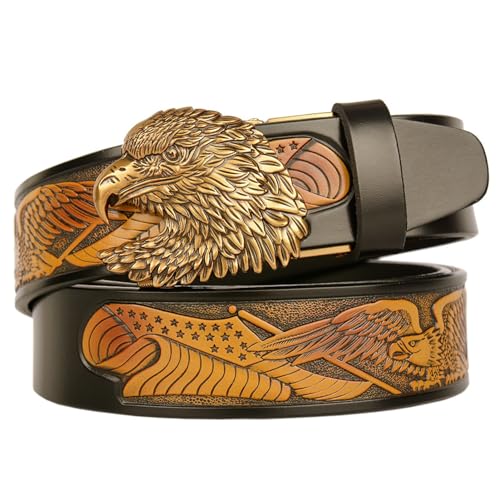 Men's Eagle Pattern Leather Belt With Golden Eagle Automatic Buckle - Western Ratchet Dress Belt, Trim To Fit