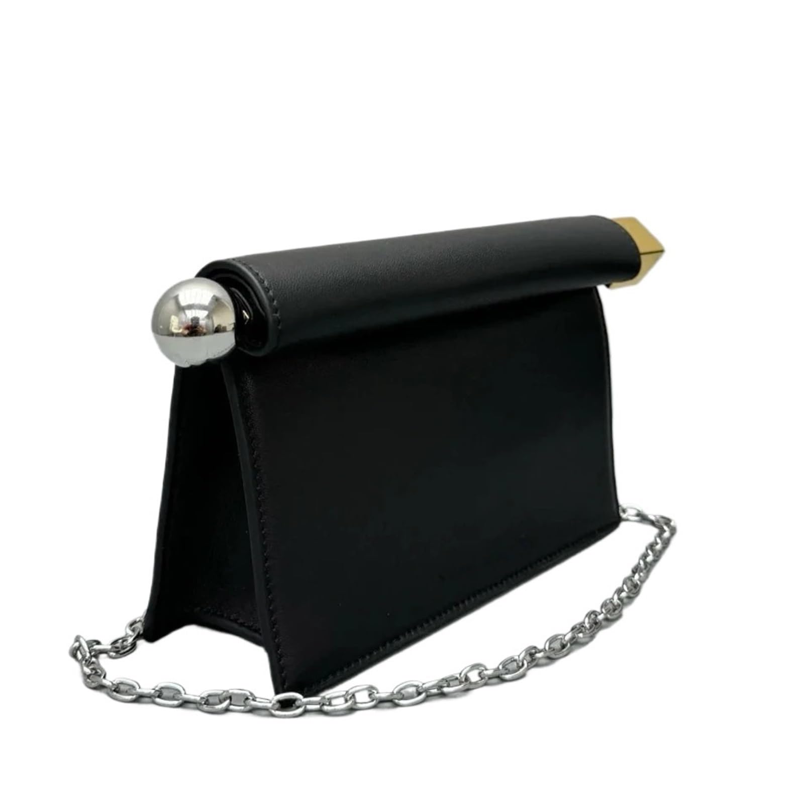 Pochette Da Donna Pieghevole In Pelle Con Bordo Arrotolato Sera Tracolla A Catena Per Donna(Black)