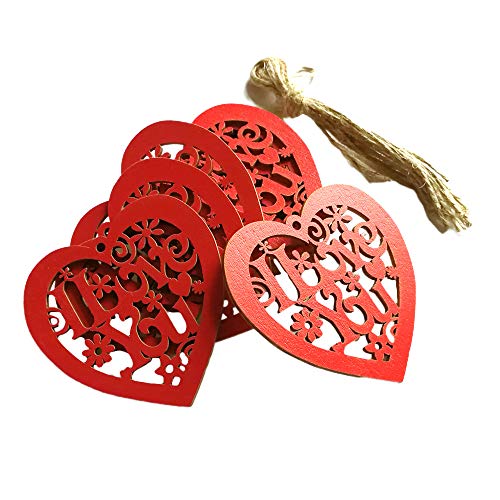 Baugger - 10pcs coração de madeira oco eu te amo com corda casamento ornamentos de suspensão diy art