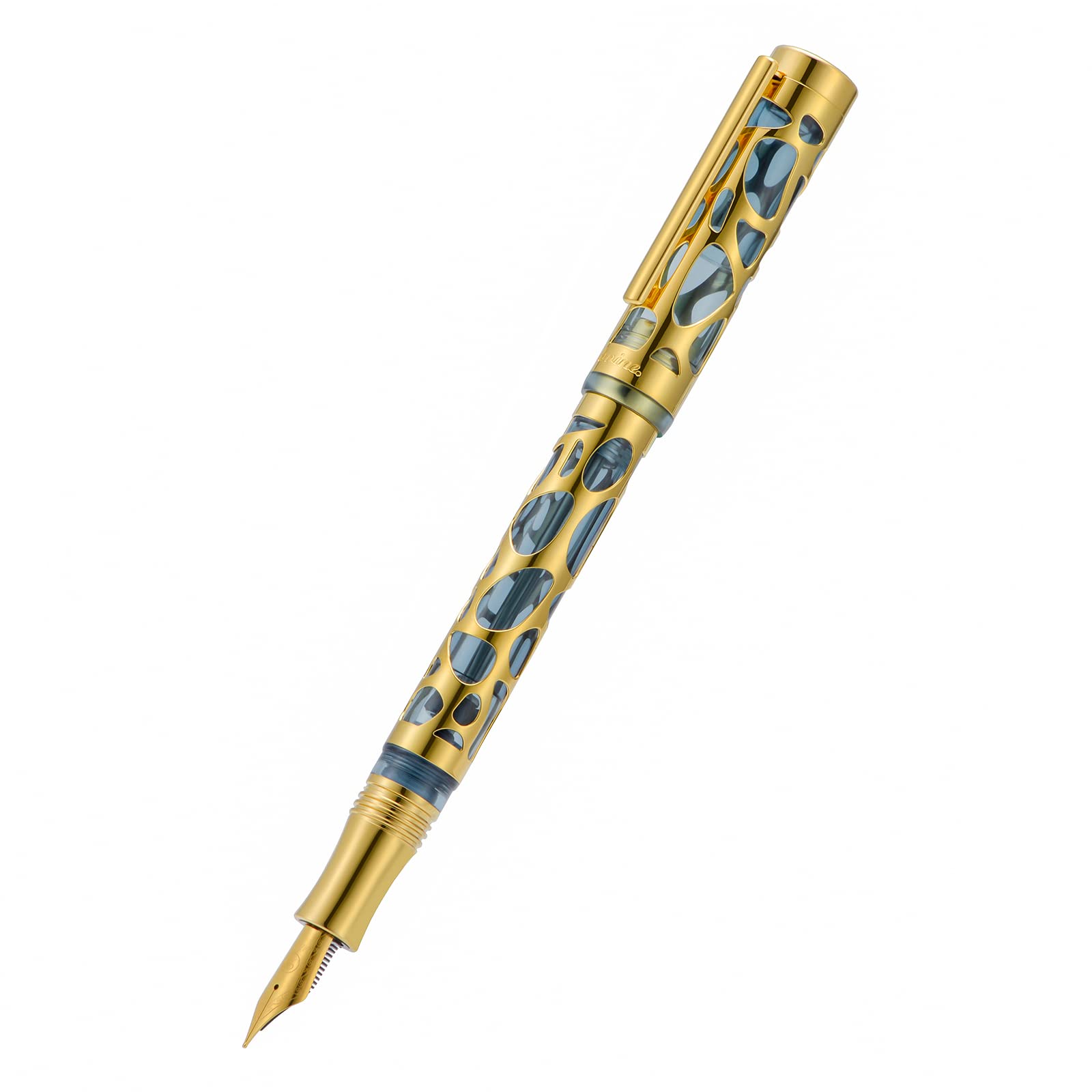 Asvine V169 Stylo Plume de Remplissage sous Vide Pointe Extra Fine, Goutte d'Eau Squelette Or Garniture Transparent Gris Bleu Acrylique Stylo Etui Ensemble