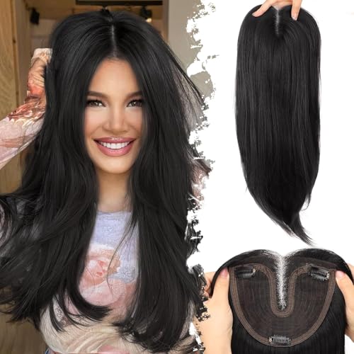 Eawwii Black Synthetic Hair Toppers for Women with Thinning 5x6 inch Large Base Coverage Clip in Wispy Bangs Upgraded Adjustable Bandage 24 Inch Long Layered