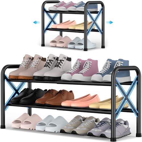 YEASHEIN 2-Tier Expandable Shoe Rack for Closet Floor, X-Frame Metal Small Shoe Rack for Entryway, Adjustable Shoe Shelf Organizer, Free Standing Shoe Racks for Front Door Entrance, Garage - Black