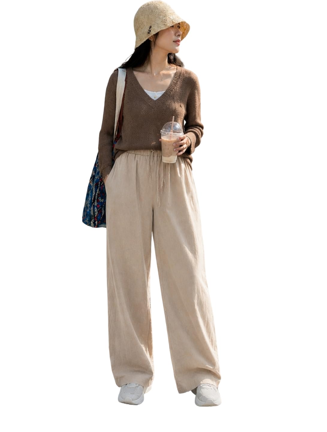 Ketch CHICSTIT Women Cotton Wide Leg Trousers | Elastic Waist High Rise Palazzo Pants | Loose Fit/Straight Fit Casual Lounge Pants with Pockets in neutral