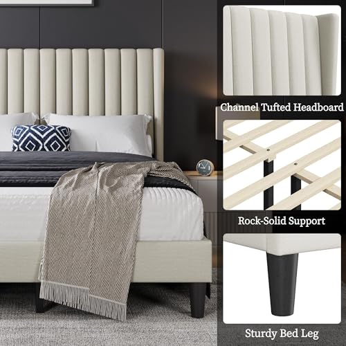 Image of Yaheetech Full Bed Frame with Headboard,Ivory Channel-Tufted Platform