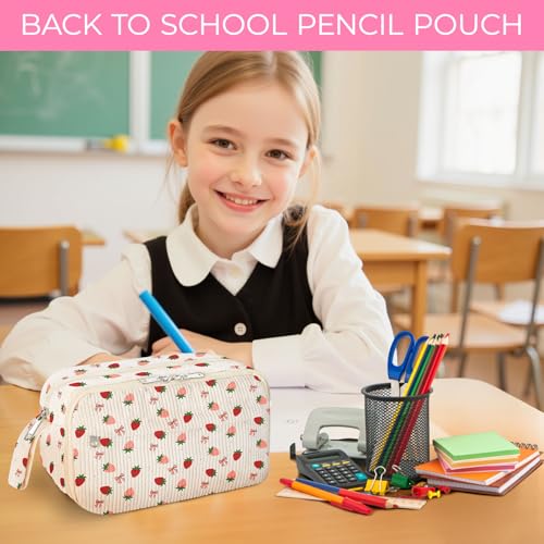 Image of WOBAGMEN Cute Pencil Case,Large Corduroy Zippered Pencil Case Pouch, aesthetic Pencil Bag with Compartments, Pencil Pouch School Supplies (HY-corduroy pc-strawberry)