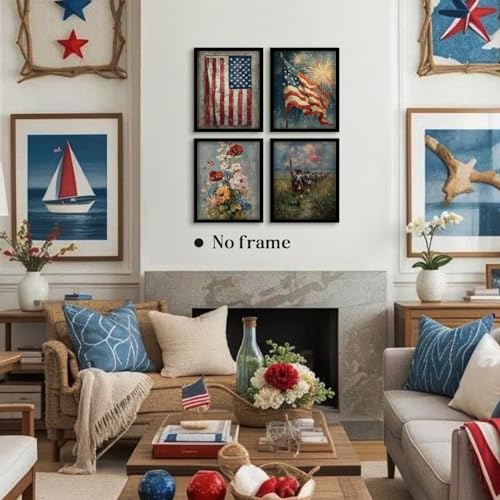 Image of WEFKODO Vintage America Flag Patriotic Decor Wall Art Prints 4Pcs, Vintage Floral 4th of July Decorations Wall Art, Patriotic Decorations for Home Bedroom Living Room Bathroom, 8x10 Inch Unframed