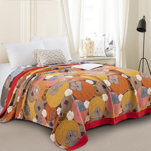 Purefair 100% Muslin Cotton Throw Blanket for Bed Couch Chair, Floral Persimmon Printed Colorful Retro Quilt Ultra Soft Reversible Gauze Blanket for All Season, 60"x80"