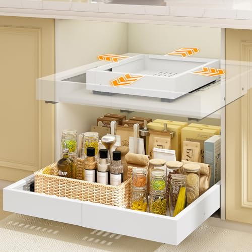 Mointal 2 Piezas Cajón Telescópico 4 Formas de Expansión para Cocina, Organizador de Armario con Tornillos/Adhesivo, Ancho Ajustable 32-53 cm, Profundidad 41,5-61 cm, Blanco