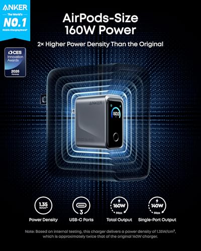 Image of Anker Prime Charger,160W 3-Port Compact GaN USB C Charger Block,Smart Display and Touch Control,Up to 140W Single‑Port Charging,for MacBook Pro,Laptop,iPhone 17 Series(Cable Not Included,Non-Battery)