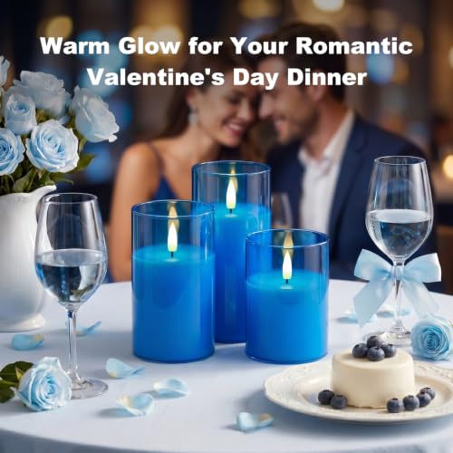 Image of Amagic Blue Glass Flameless Candles with Remote, Battery Operated Candles, Real Wax LED Candles with Timer, Flickering Fake Pillar Candle for Theme Party, Hanukkah Holiday Decor, 3D Wick, Set of 3