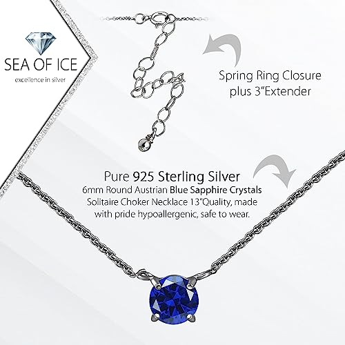 SEA OF ICE Round Austrian Crystals Solitaire Choker necklace – 6mm Round Austrian Crystals Solitaire – 13" Plus 3" Extender – 925 Sterling Silver Jewelry Chain2