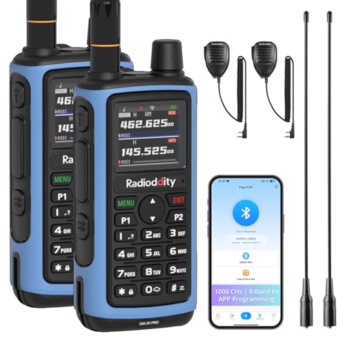 Radioddity GM-30 PRO GMRS Radio Long Range Handheld Radio with UHF/VHF/NOAA/FM/Airband Reception APP Wireless Programming 1.77 TFT Display Frequency Copy 1 000 Channels 2 Pack & 2 Speaker Mic